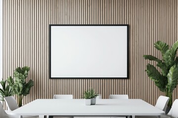 Modern Office Conference Room with Blank Presentation Screen Wooden Wall Plants