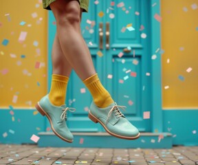 Pastel blue elegant shoes with yellow socks on legs. Woman jumps in air against colourful street background. Confetti falling around. Scene suggests fun celebration fashion concept. Pastel colours,