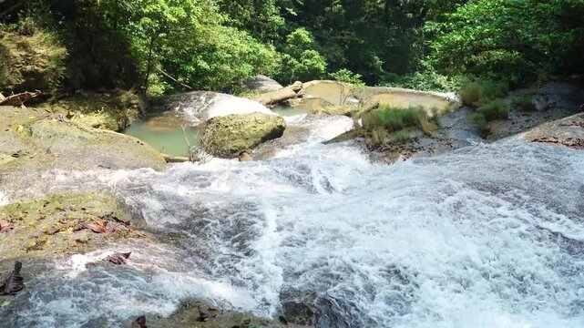 Waterfall river stream in green nature forest landscape in east java indonesia