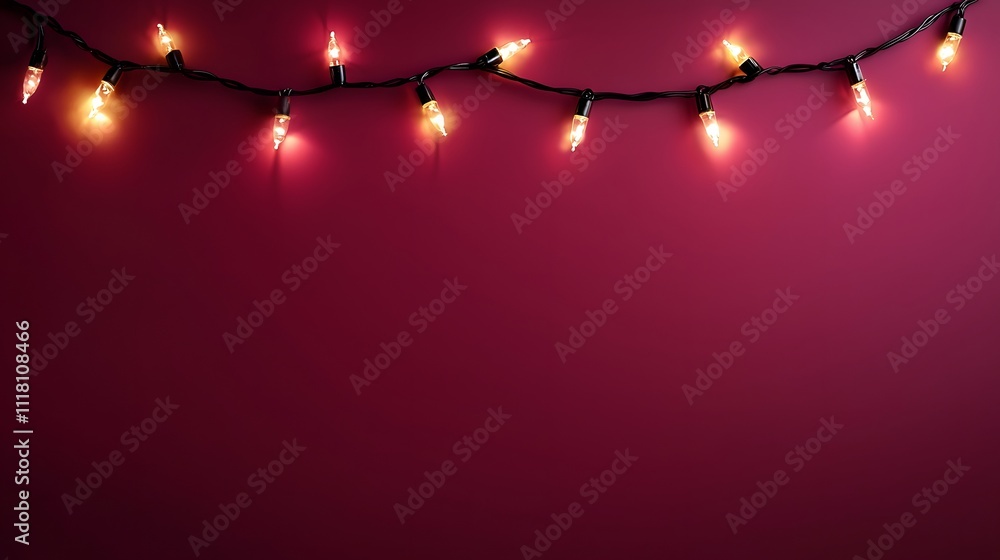 Poster glowing string lights on a deep burgundy background