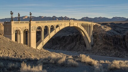 A majestic arch bridge spanning a canyon with mountains in the background at sunset.