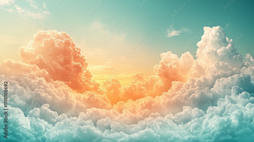 Poster a serene sky filled with colorful clouds, illuminated by the soft glow of sunlight, creating a tranq