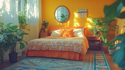 Cozy bedroom with yellow walls, a bed with orange bedding, and many plants.