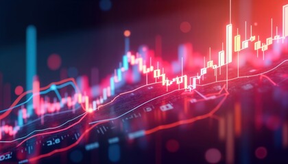 Abstract financial graph with glowing colourful bars, lines. Market analysis data trends shown in abstract design. Fluctuations, insights summarized in vibrant visualization. Dynamic data overview