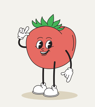 Naklejki Tomato retro character. Fictional character for cartoons. Toy and mascot. Natural and fresh vegetable. Booklet and brochure. Flat vector illustration