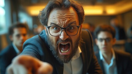 Angry boss shouts at scared employee in office. Businessman yells at worker. Furious leader points at fearful subordinate. Office setting during meeting presentation. Tension, stress in corporate