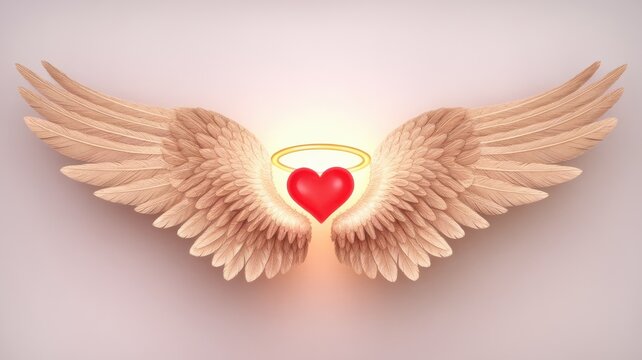 Angelic wings embracing a red heart with golden halo: symbol of divine love and purity