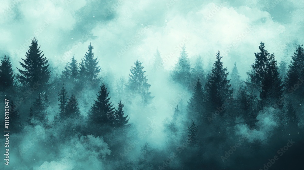 Poster a misty forest landscape with dense trees and ethereal fog creating a serene atmosphere.