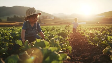 Fototapeta premium Child Farmer Harvesting Crops at Sunset Agriculture Farming Rural Life