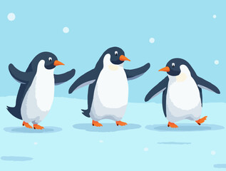 Obraz premium Vector illustration of three king penguins in the snow with frost, on blue background