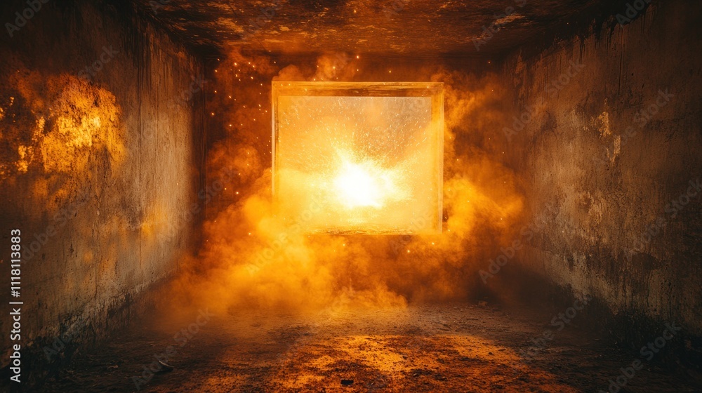 Poster an explosion seen through a window, creating a dramatic and chaotic atmosphere.
