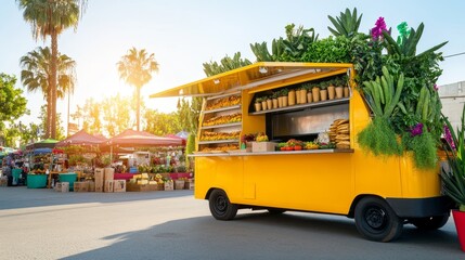 A yellow cup with food in it sits on a table in front of a food truck