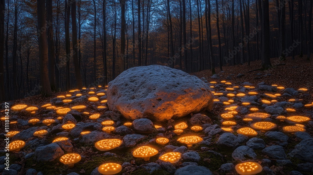 Poster a mystical forest scene illuminated by glowing circular patterns around a large rock.