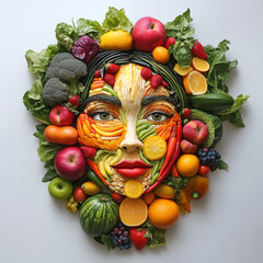 Portrait of a woman made of vegetables and fruits. Top view on a white background