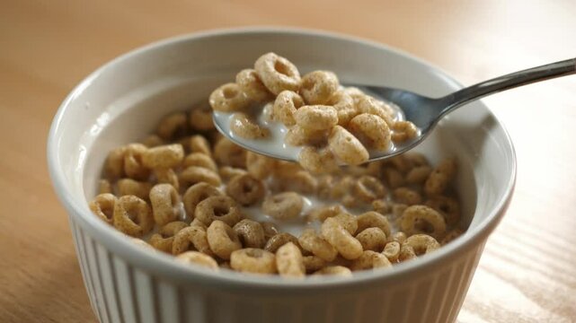 slow motion scooping honey cereal rings with a spoon from a bowl full of milk
