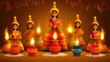Fototapeta premium Pongal Cultural Icons Vector concept as Vector illustration of traditional Pongal cultural icons like pots kolam lamps and rice grains representing cultural heritage and festivity perfect for infograp