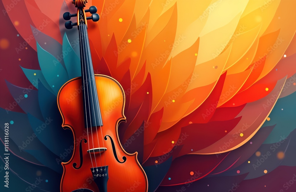 Aufkleber Vibrant abstract art piece showing violin in front of colorful, dynamic background. Background design resembles flowing feathers leaves. Abstract shapes blend rich colours. Dynamic music art piece