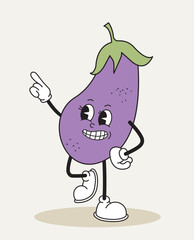 Eggplant retro character. Fictional character for cartoons. Toy and mascot. Natural and fresh vegetable. Tempate and layout. Flat vector illustration