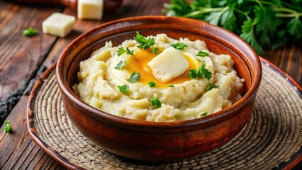 Close-up of creamy mashed potatoes with melting butter in a rustic bowl on a wooden table