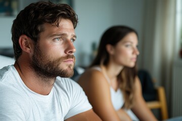 Fototapeta premium An introspective image showing a man lost in thought while seated next to a woman, reflecting the dynamics of their relationship amidst subtle emotional tension.