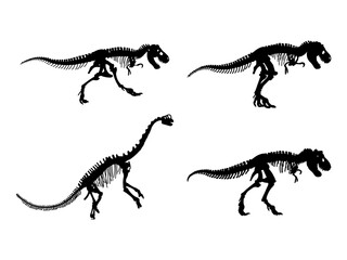 Set of Fossil Skeleton Dinosaur Silhouette in various poses isolated on white background. T Rex Dinosaur Skeleton Vector Illustration