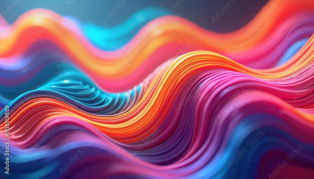 Poster Colorful abstract illustration of fluid ribbons in vibrant neon colors. Dynamic wavy lines create three-dimensional effect. Gradient transitions between colors. Graphic design features bright neon,