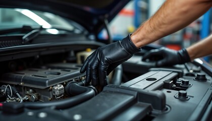 Mechanic repairs car engine. Skilled worker in auto shop inspects car motor parts. Professional hands in black gloves adjust engine components. Automotive maintenance in progress. Repair service in