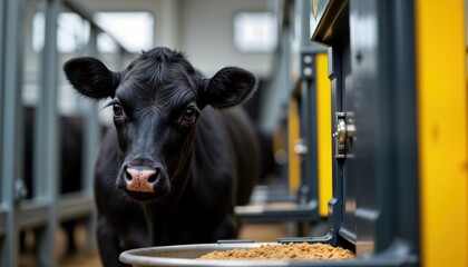 Automated calf feeding station provides small frequent meals to ensure proper nutrition in modern agricultural setting. Black calf eating from automated feeder. Tech for animals. Future farm concept.