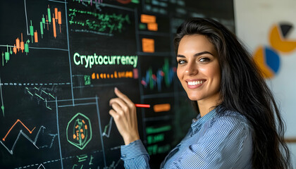 Successful businesswoman analyzing cryptocurrency market trends on a blackboard, showcasing financial data and growth charts.