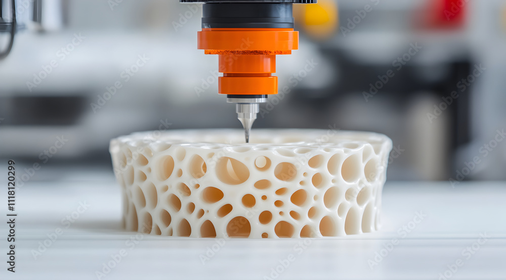 Aufkleber a 3d printer nozzle is hovering over a porous material, showcasing intricate patterns and textures i