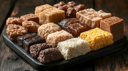 Fototapeta premium Pongal Sweets Macro concept as Macro shot of traditional Pongal sweets like sakkarai pongal and sweet rice highlighting textures and vibrant colors captured in a realistic environment with copy space.