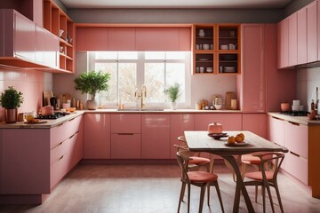 Fototapeta premium Bright Trendy Kitchen-Dining Room with Extremely Luxurious Smooth Design in Pink and Orange