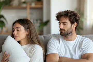 Fototapeta premium A serene yet contrasting scene with a couple sitting silently on a couch, embodying different emotional states while holding pillows, indicating a complex relationship dynamic.
