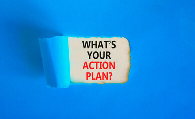 Action plan symbol. Concept words What is your action plan on beautiful white paper. Beautiful blue...