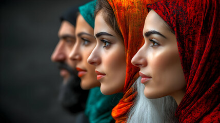 Fototapeta premium Portrait Unified Faith concept as Portrait close up of multiple individuals from different faiths standing together expressing unified faith and harmony for World Religion Day magazine advertisement c