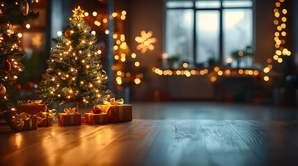 A modern office decorated for Christmas with a small tree, festive ornaments, and holiday cheer, creating a cozy and productive workspace, perfect for seasonal office decor, Christmas celebration, and