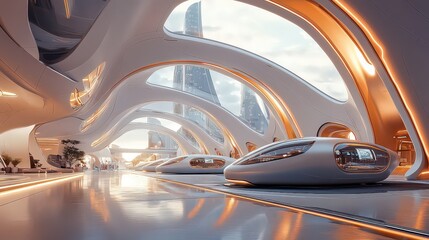  Hyperloop terminal with sleek pods ready for departure, featuring holographic boarding information and futuristic architecture, showcasing modern innovation.