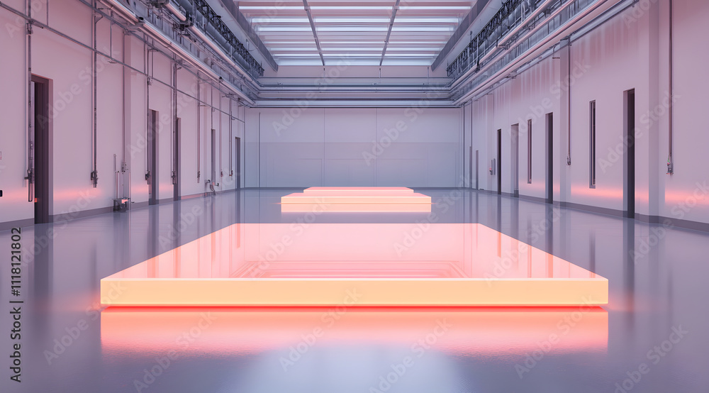 Poster a minimalist interior featuring glowing rectangular platforms under soft lighting, creating a serene