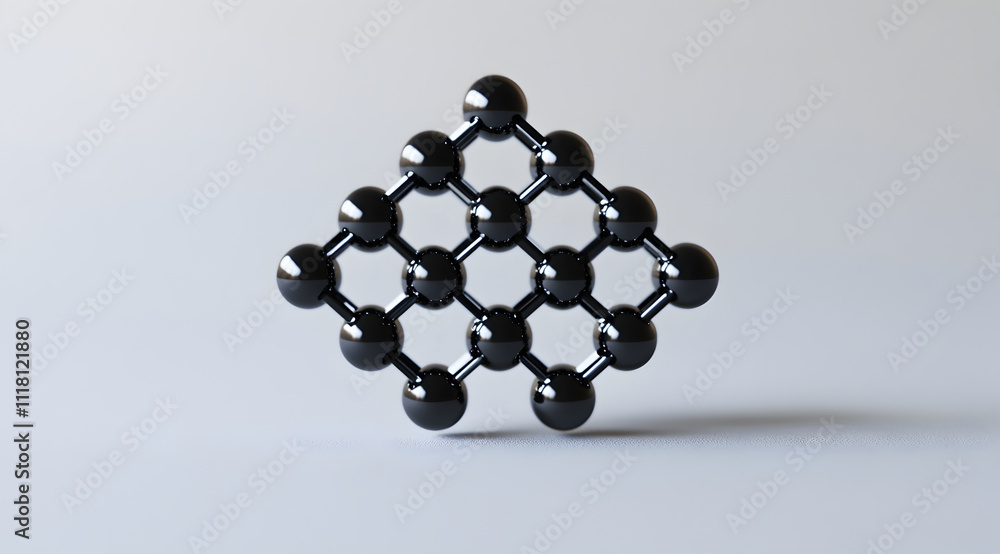 Poster a geometric structure made of black spheres arranged in a hexagonal pattern, showcasing symmetry and