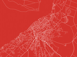 Christmas Map of Sanlucar de Barrameda, Spain in Snowy White on Festive Red Background.