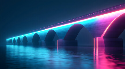A vibrant, illuminated bridge stretches over calm waters, enhanced by neon lights in blue and pink, creating a striking nighttime scene.