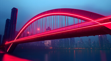 Obraz premium A vibrant, lit bridge arches over a body of water, surrounded by a misty cityscape, showcasing modern architectural design.