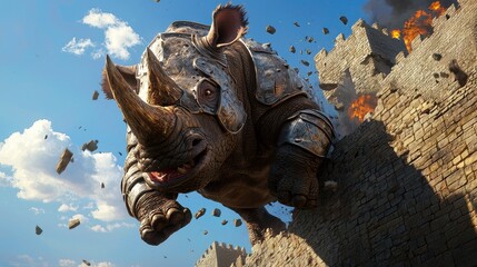 Powerful Rhino Breaking Wall Concept, Majestic Rhino With Armor-Like Skin Bursting Through Castle Wall Amidst Flying Debris and Flames