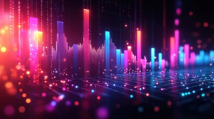 Abstract glowing financial graph with colorful bars, lines shows market data trends. Dynamic visual representation of fluctuations. Colorful data insights in tech diagram. Modern data review. Tech