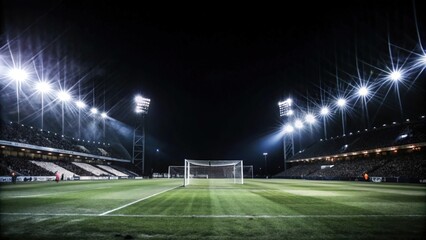 Empty Football Stadium at Night Illuminated by Bright Lights