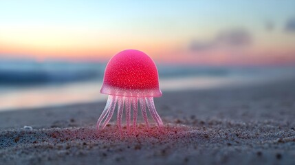 Glowing jellyfish on a serene beach at sunset