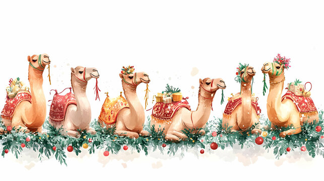 Reyes Magos Floating Camels Vector concept as Vector illustration of camels floating with festive decorations symbolizing the journey of Reyes Magos isolated on white perfect for infographics and Adob