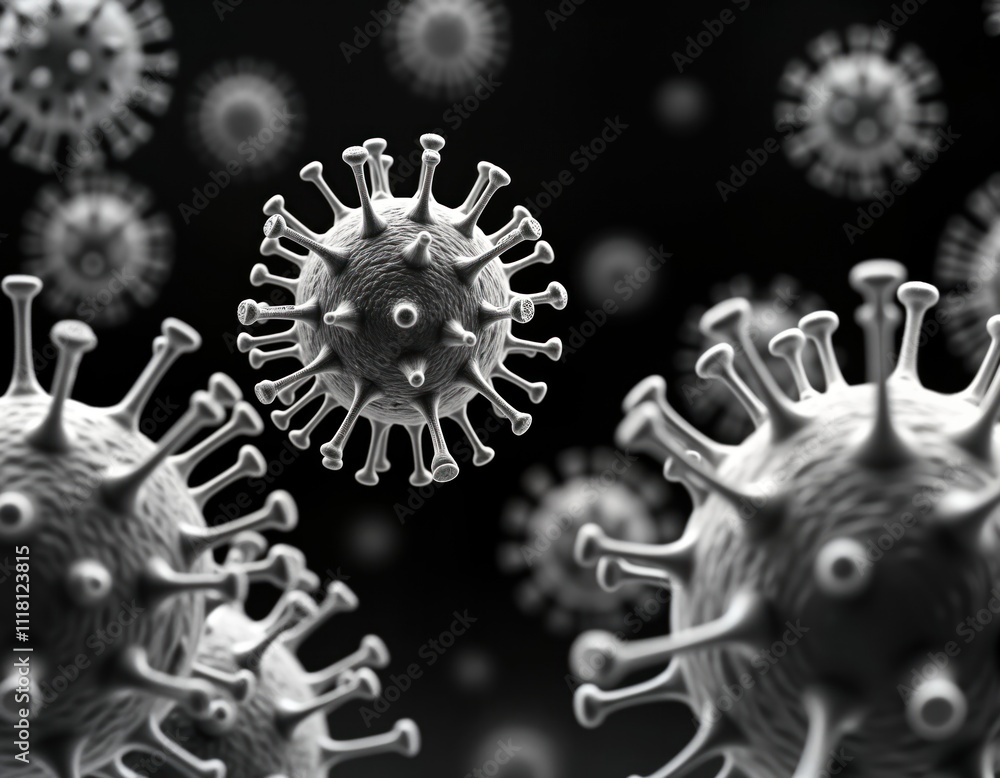 Poster closeup view of h5n1 avian flu virus. microscopic details show intricate structures. transmission el