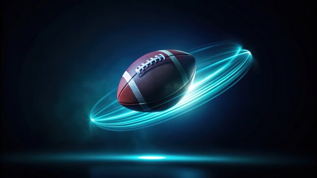 American Football Suspended in Mid-Air with Blue Neon Lights