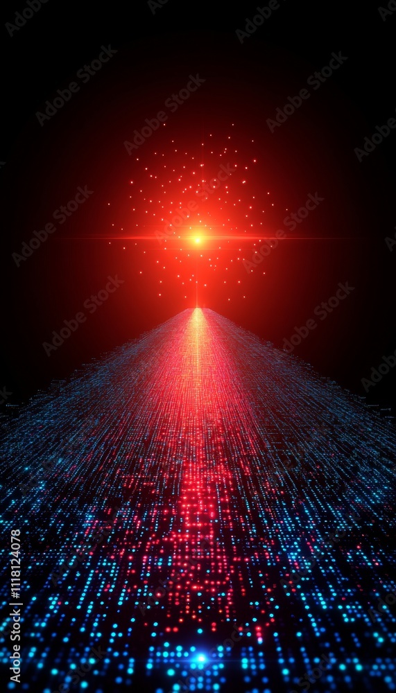 Poster digital data highway stream of binary code leading to radiant light, technology concept